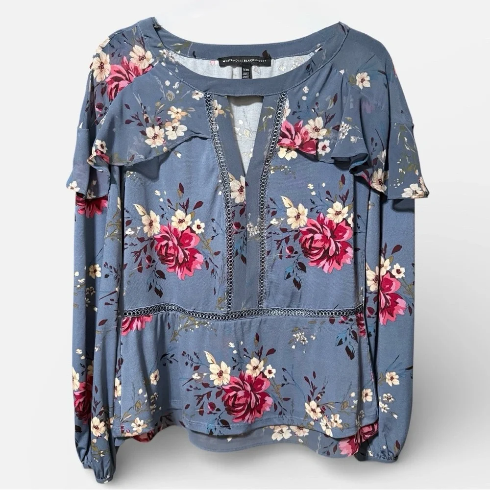 White House Black Market Blue Floral Ruffle Keyhole Blouse Size XXS Long Sleeve - Picture 2 of 7
